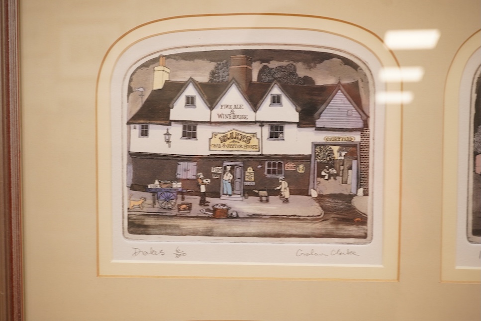 Graham Clarke (b.1941), set of four etchings with aquatint, comprising 'Drakes', 'Rifleman', 'Gardeners' and 'Good intent', each signed in pencil, each limited edition 6/500, sheet uncut, 54 x 60cm overall